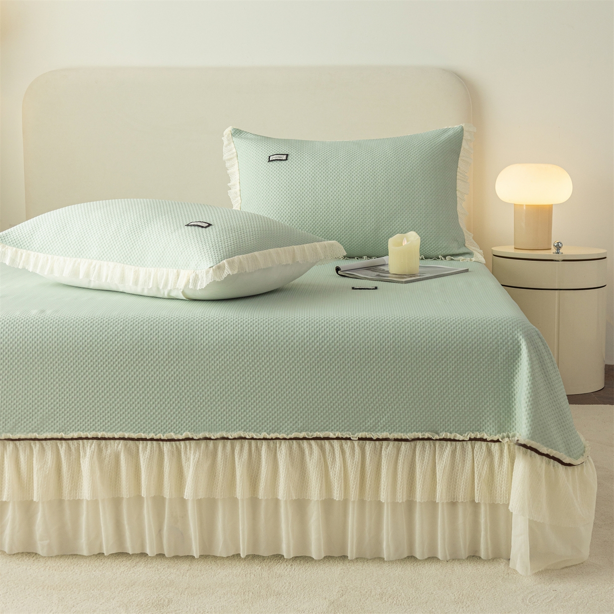 91家纺网 家纺一手货源 找家纺 赛丽雅 2026春夏新款480克A类PE聚乙烯提花冰豆豆凉感床裙款凉席三件套席子空调软席 点点-绿