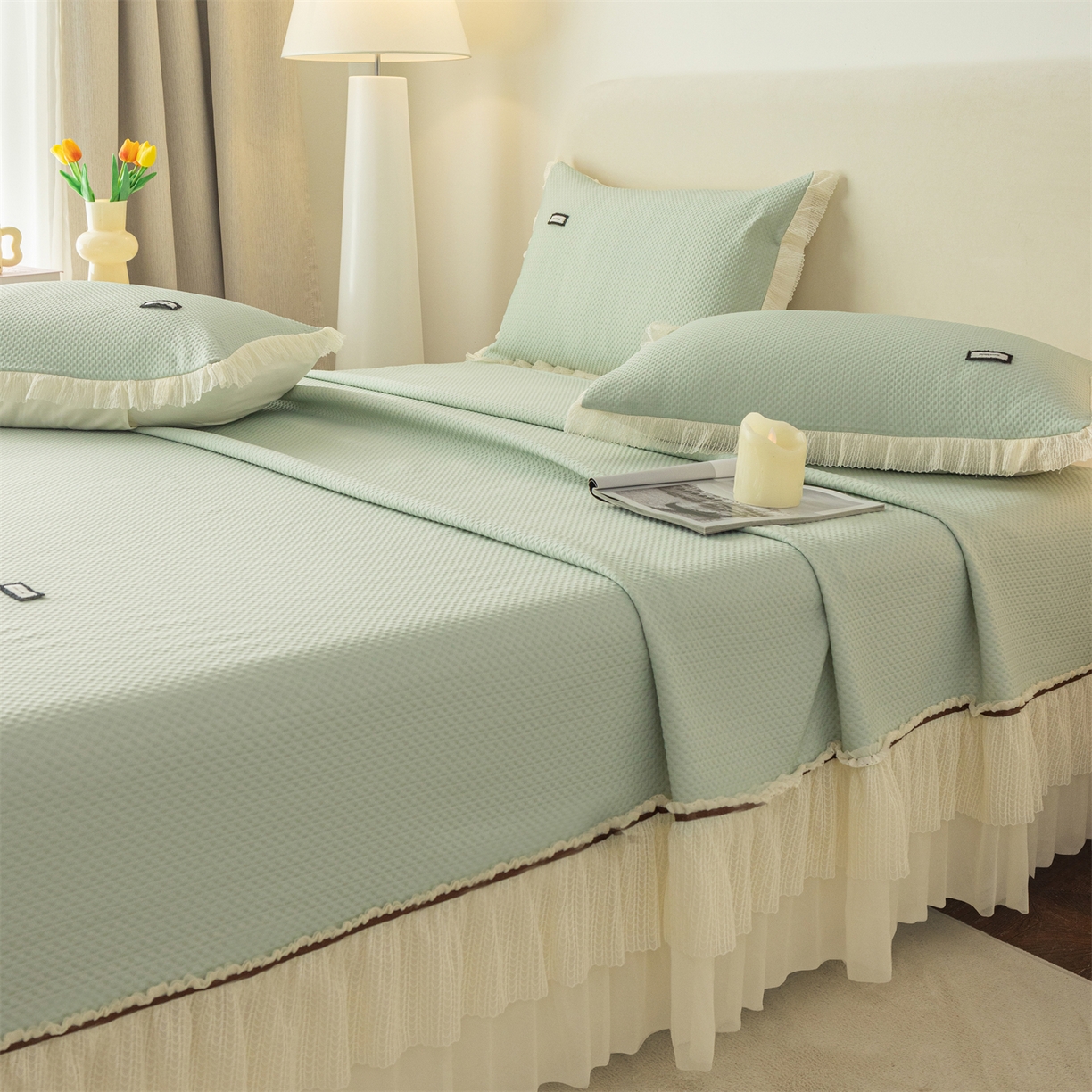 91家纺网 家纺一手货源 找家纺 赛丽雅 2026春夏新款480克A类PE聚乙烯提花冰豆豆凉感床裙款凉席三件套席子空调软席 点点-绿