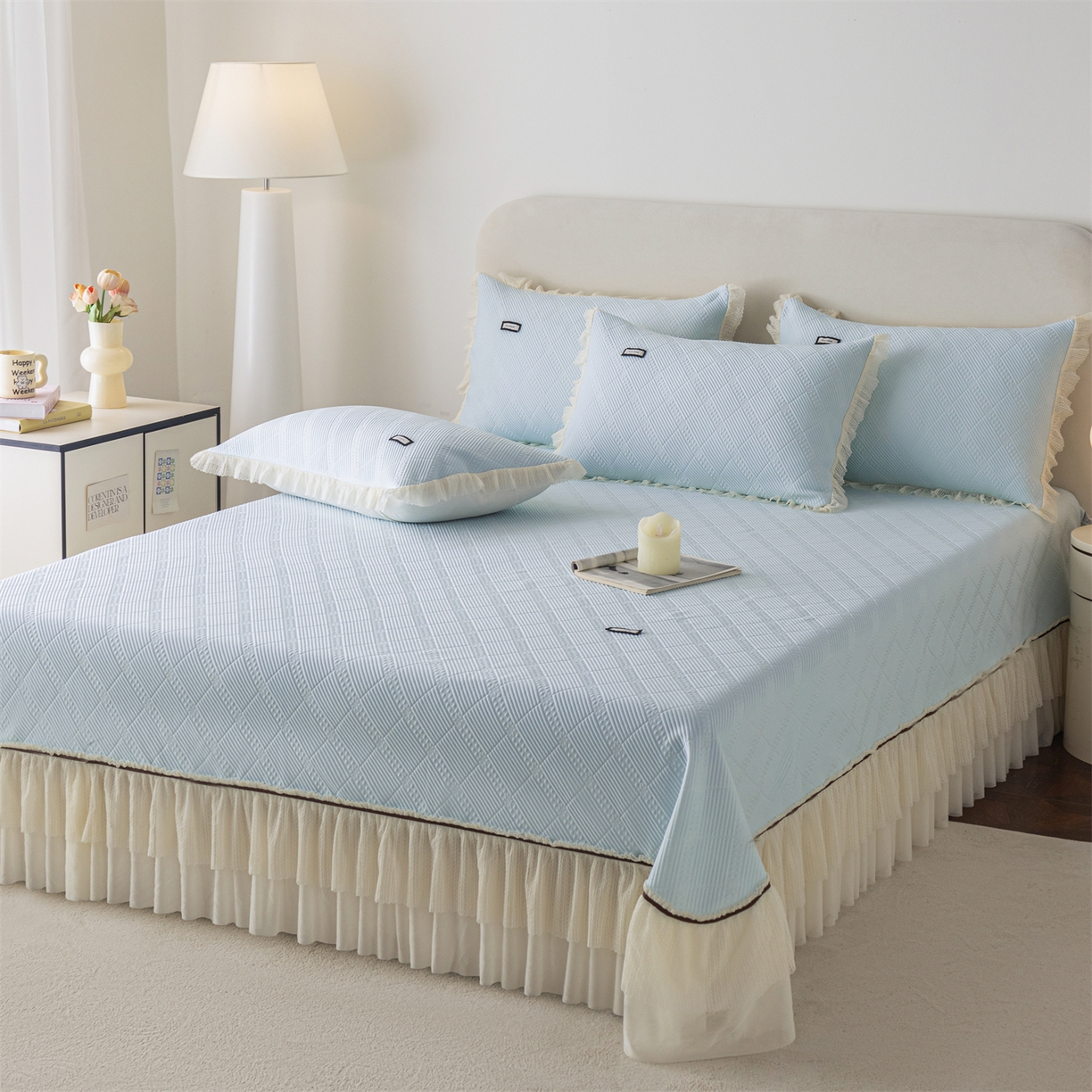 91家纺网 家纺一手货源 找家纺 赛丽雅 2026春夏新款480克A类PE聚乙烯提花冰豆豆凉感床裙款凉席三件套席子空调软席 方格-蓝