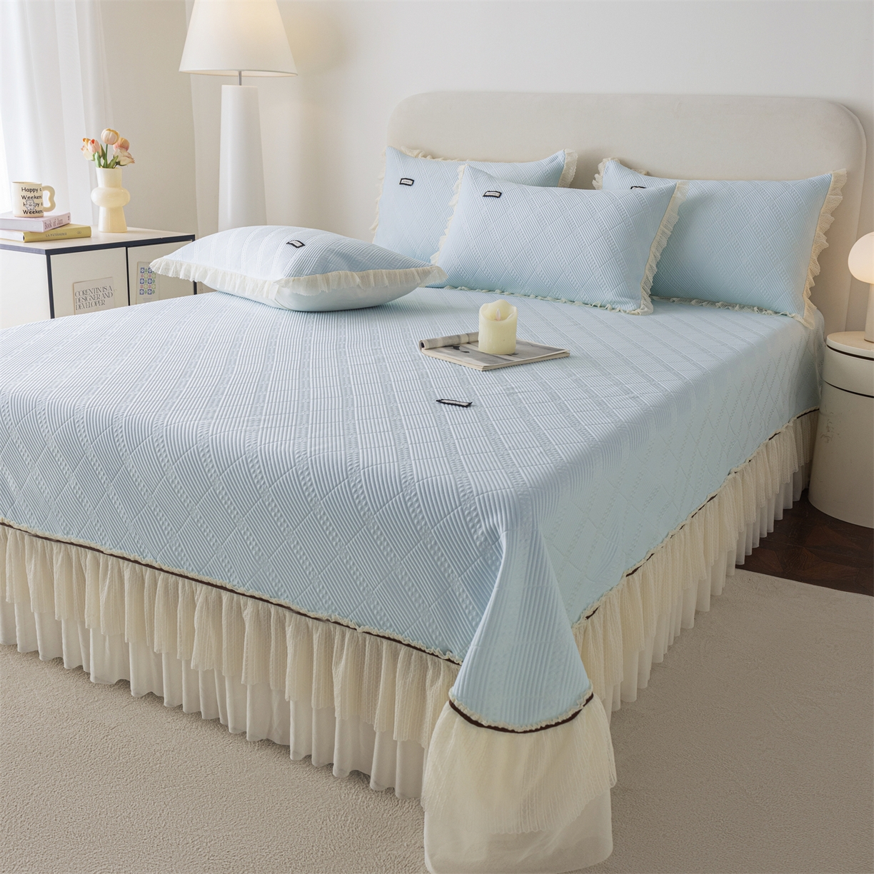 91家纺网 家纺一手货源 找家纺 赛丽雅 2026春夏新款480克A类PE聚乙烯提花冰豆豆凉感床裙款凉席三件套席子空调软席 方格-蓝