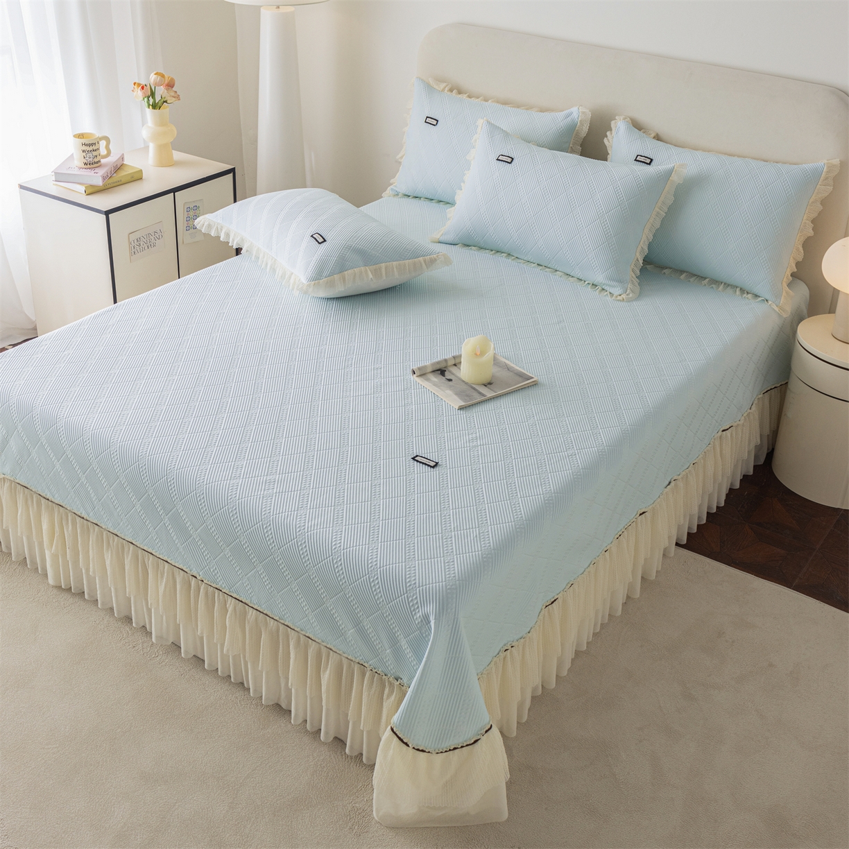 91家纺网 家纺一手货源 找家纺 赛丽雅 2026春夏新款480克A类PE聚乙烯提花冰豆豆凉感床裙款凉席三件套席子空调软席 方格-蓝