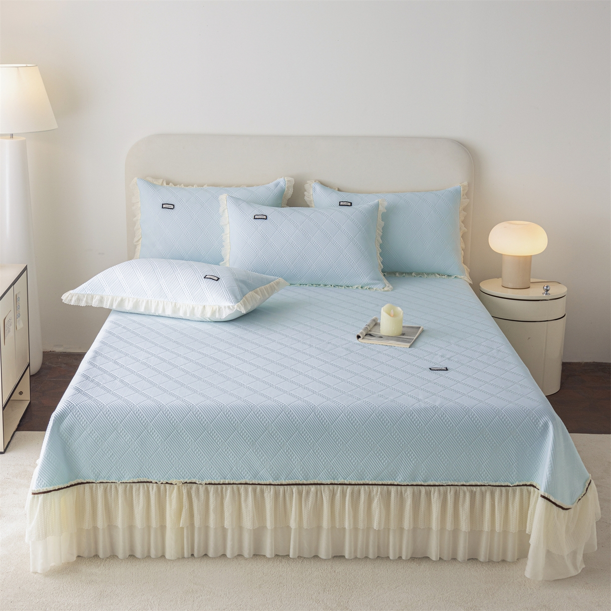 赛丽雅 2026春夏新款480克A类PE聚乙烯提花冰豆豆凉感床裙款凉席三件套席子空调软席 方格-蓝