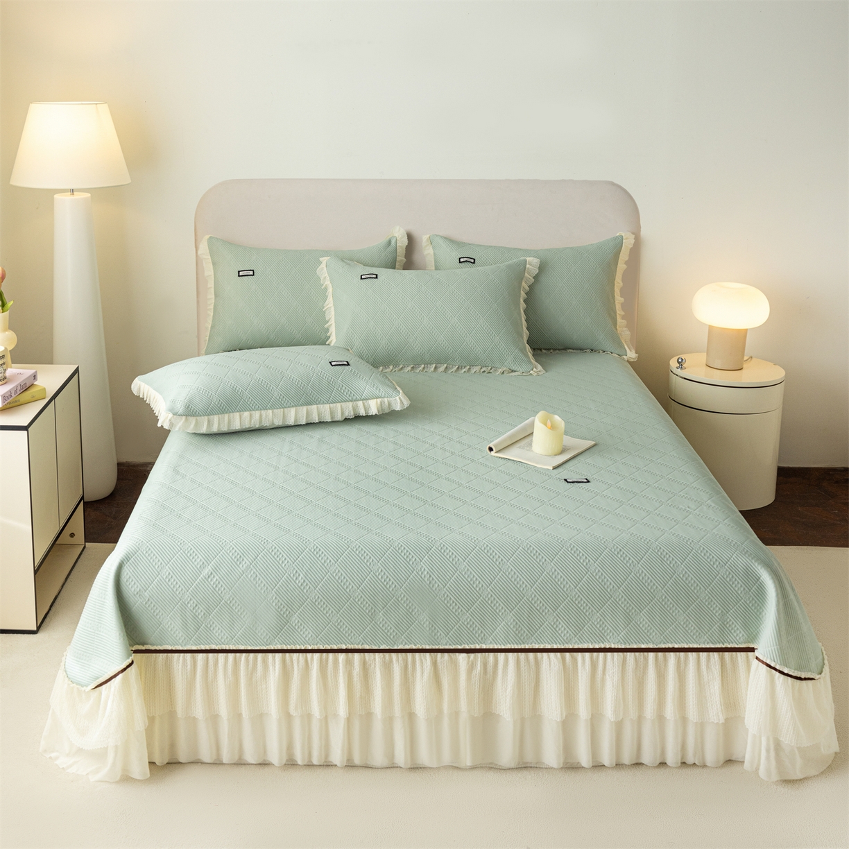 91家纺网 家纺一手货源 找家纺 赛丽雅 2026春夏新款480克A类PE聚乙烯提花冰豆豆凉感床裙款凉席三件套席子空调软席 方格-绿