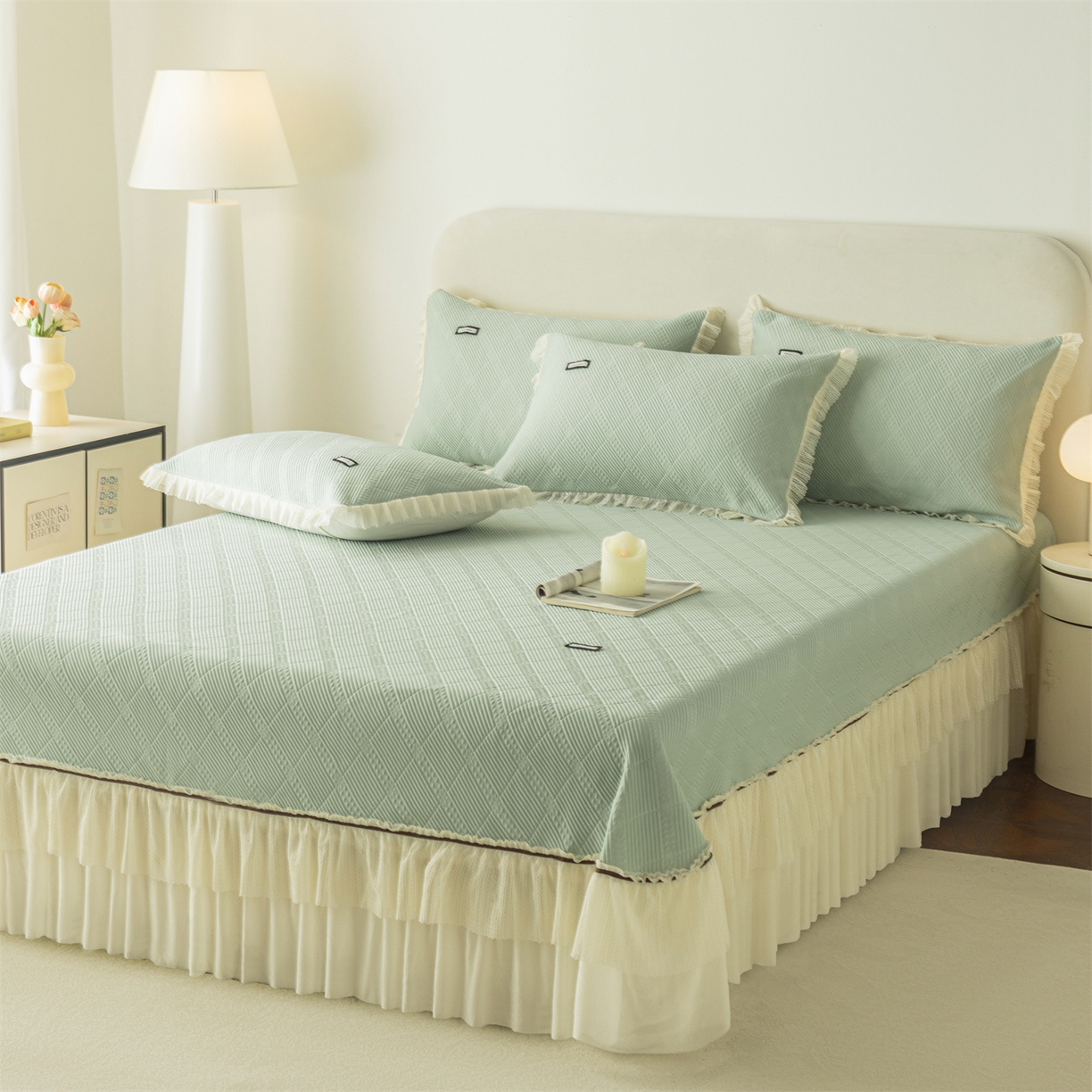 91家纺网 家纺一手货源 找家纺 赛丽雅 2026春夏新款480克A类PE聚乙烯提花冰豆豆凉感床裙款凉席三件套席子空调软席 方格-绿