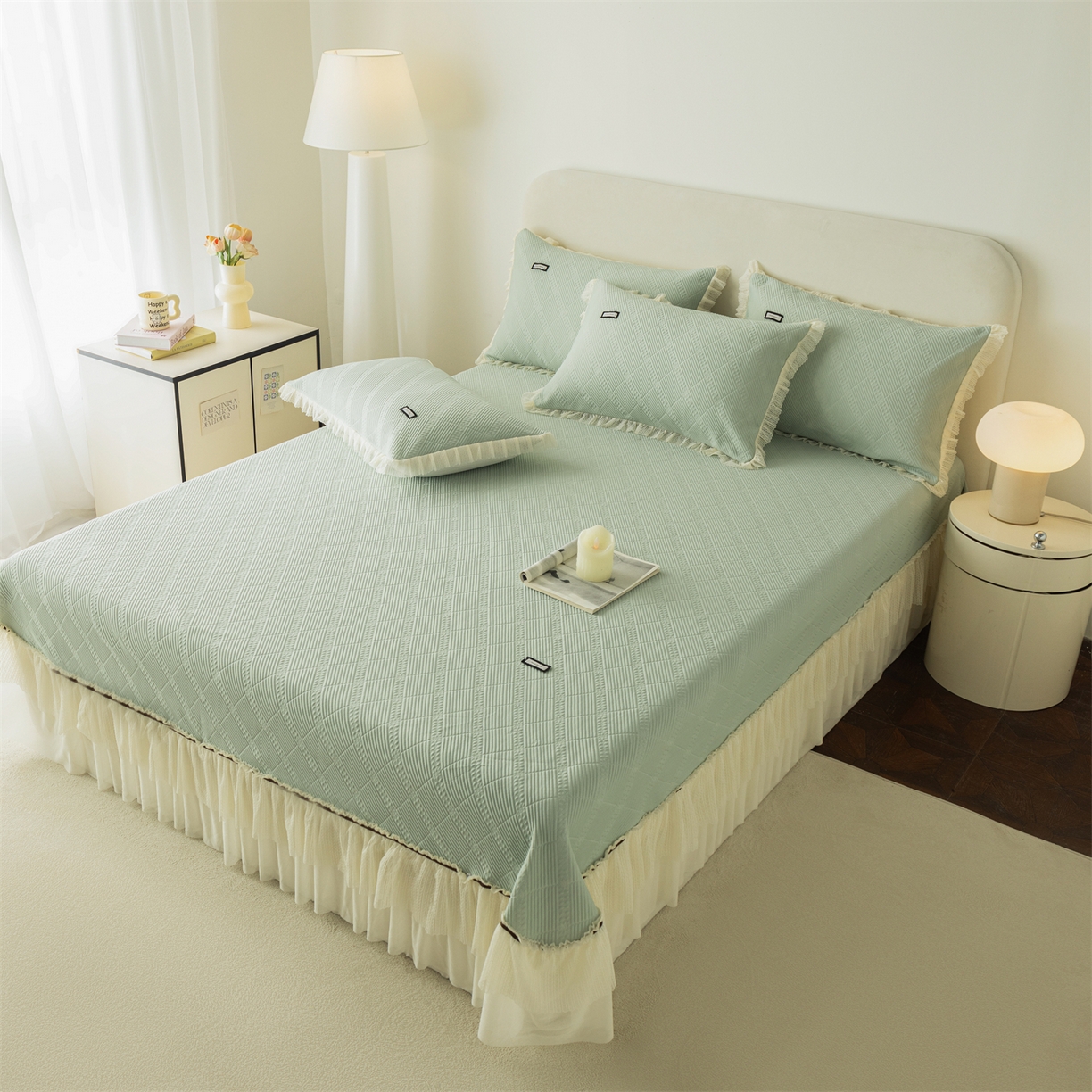 91家纺网 家纺一手货源 找家纺 赛丽雅 2026春夏新款480克A类PE聚乙烯提花冰豆豆凉感床裙款凉席三件套席子空调软席 方格-绿