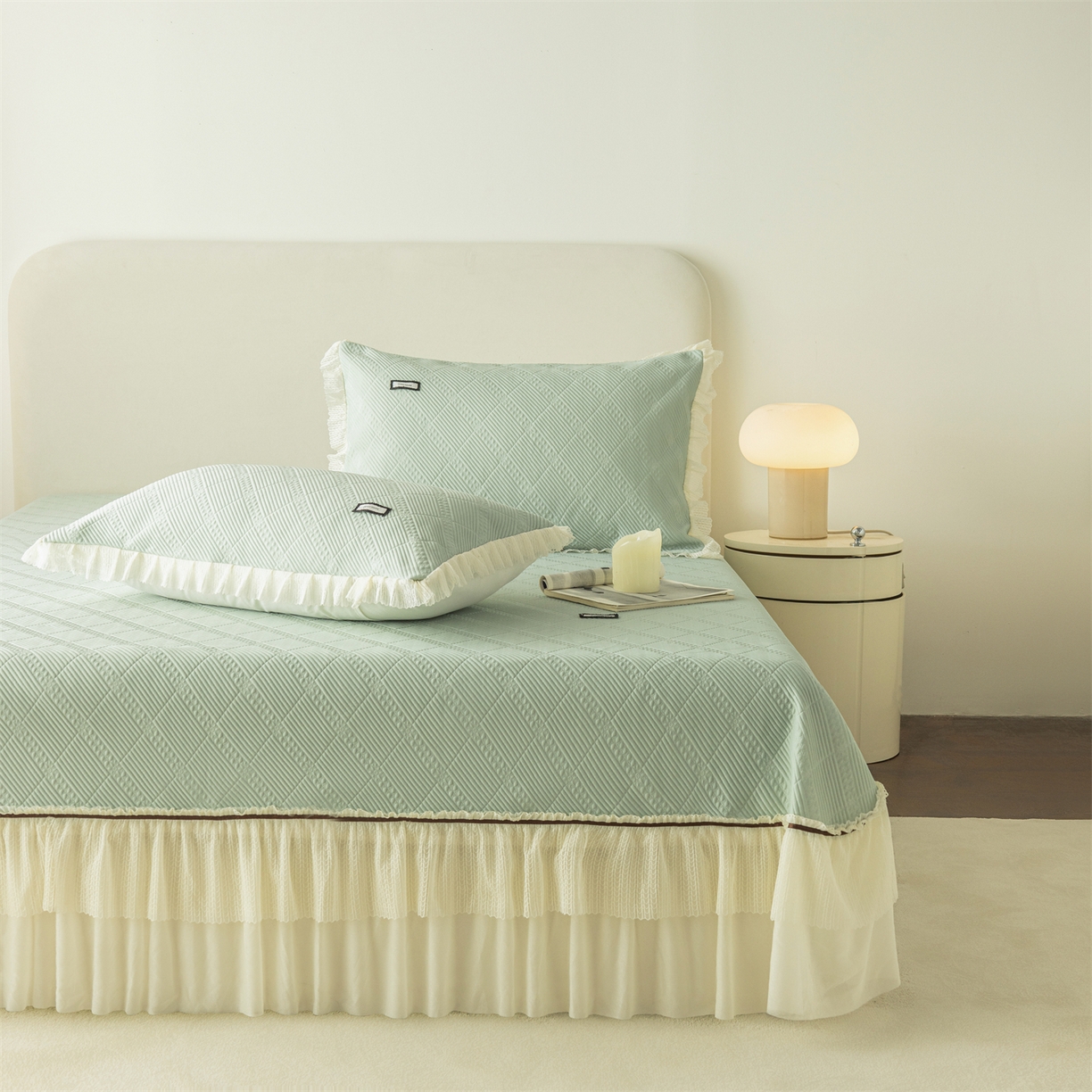 91家纺网 家纺一手货源 找家纺 赛丽雅 2026春夏新款480克A类PE聚乙烯提花冰豆豆凉感床裙款凉席三件套席子空调软席 方格-绿