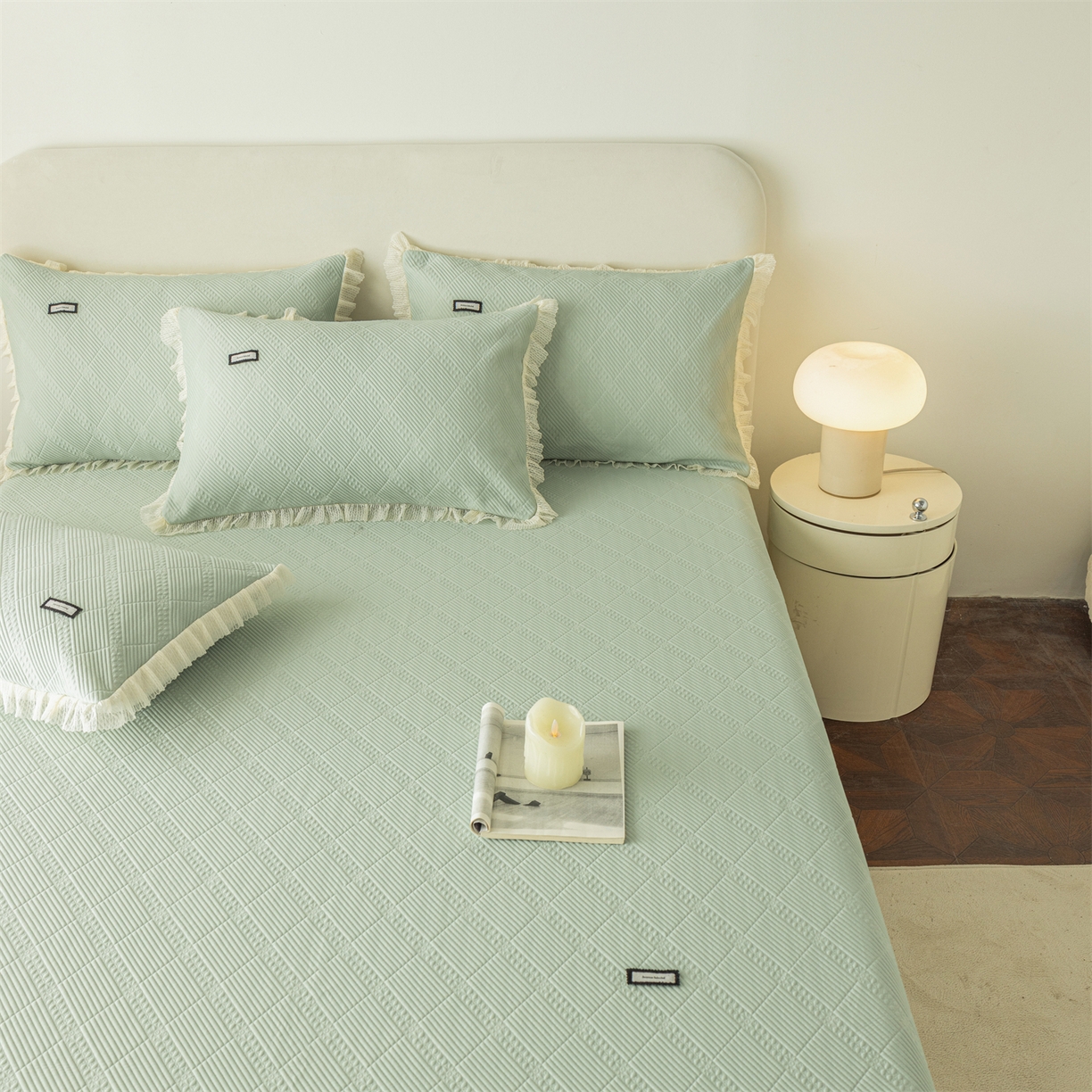 91家纺网 家纺一手货源 找家纺 赛丽雅 2026春夏新款480克A类PE聚乙烯提花冰豆豆凉感床裙款凉席三件套席子空调软席 方格-绿