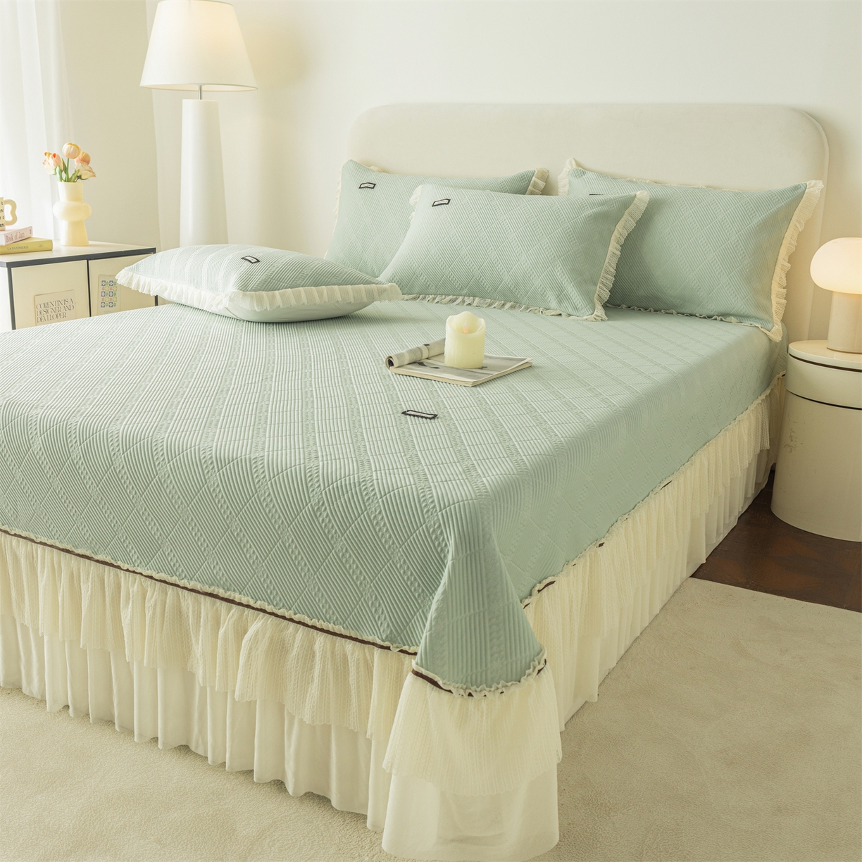 91家纺网 家纺一手货源 找家纺 赛丽雅 2026春夏新款480克A类PE聚乙烯提花冰豆豆凉感床裙款凉席三件套席子空调软席 方格-绿