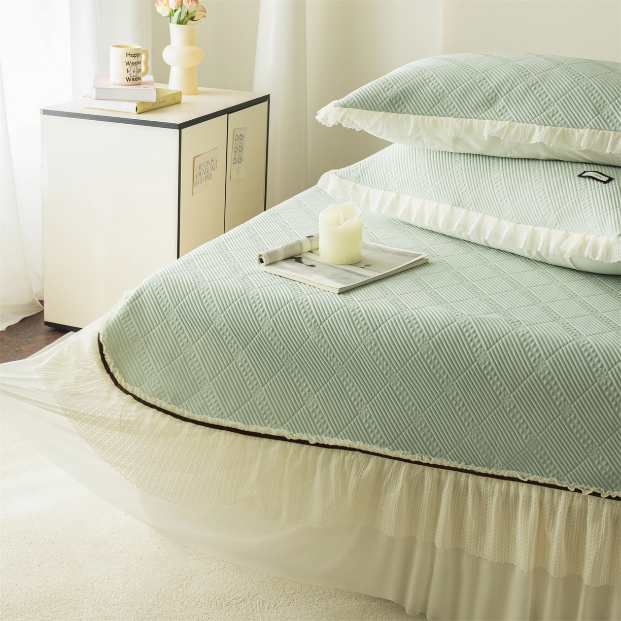 91家纺网 家纺一手货源 找家纺 赛丽雅 2026春夏新款480克A类PE聚乙烯提花冰豆豆凉感床裙款凉席三件套席子空调软席 方格-绿