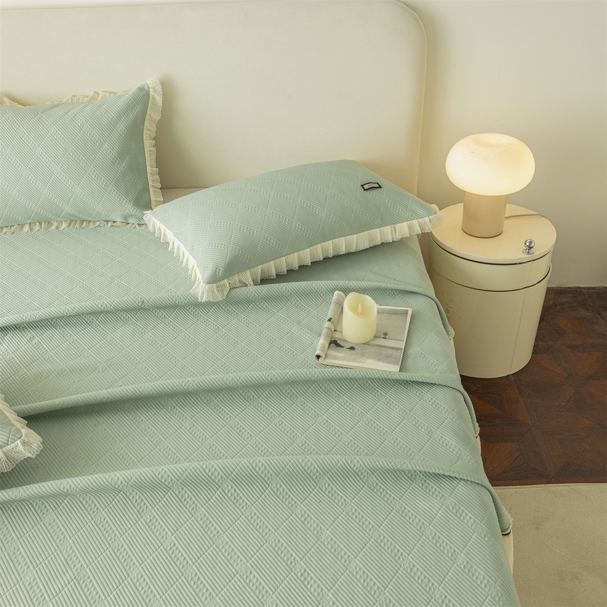 91家纺网 家纺一手货源 找家纺 赛丽雅 2026春夏新款480克A类PE聚乙烯提花冰豆豆凉感床裙款凉席三件套席子空调软席 方格-绿