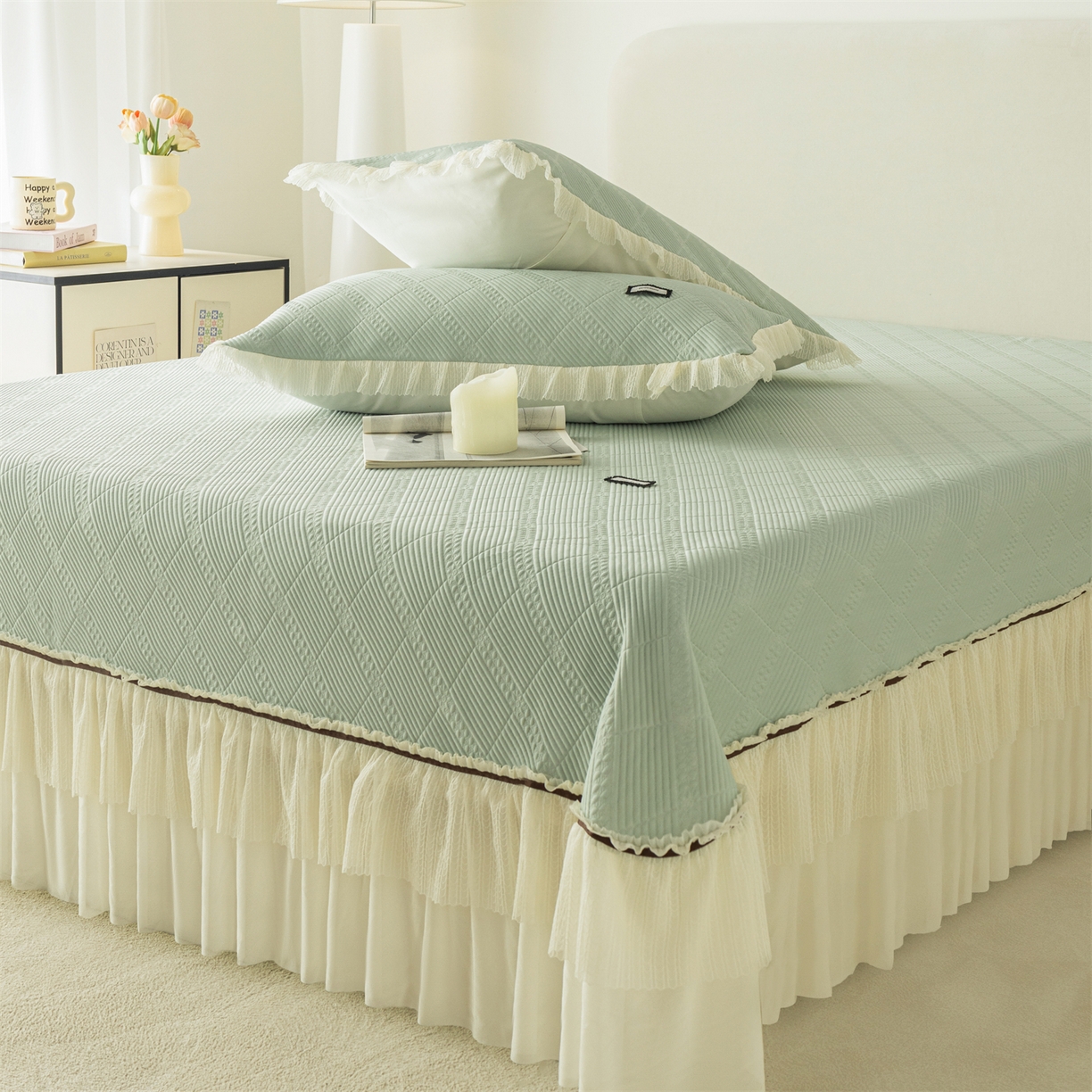 91家纺网 家纺一手货源 找家纺 赛丽雅 2026春夏新款480克A类PE聚乙烯提花冰豆豆凉感床裙款凉席三件套席子空调软席 方格-绿