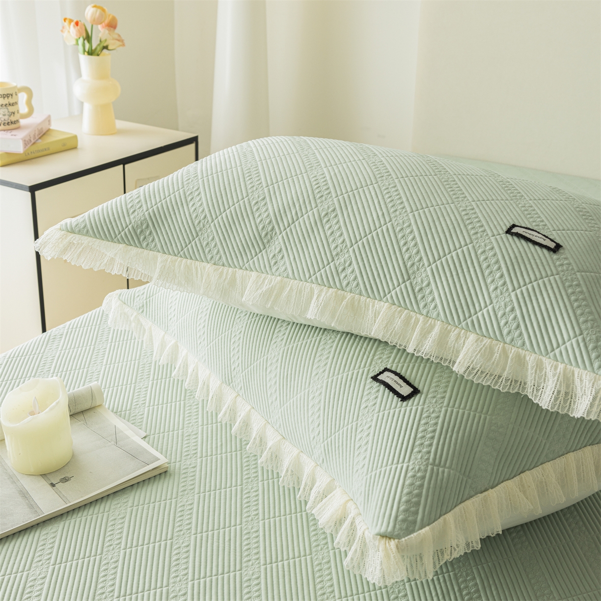 91家纺网 家纺一手货源 找家纺 赛丽雅 2026春夏新款480克A类PE聚乙烯提花冰豆豆凉感床裙款凉席三件套席子空调软席 方格-绿