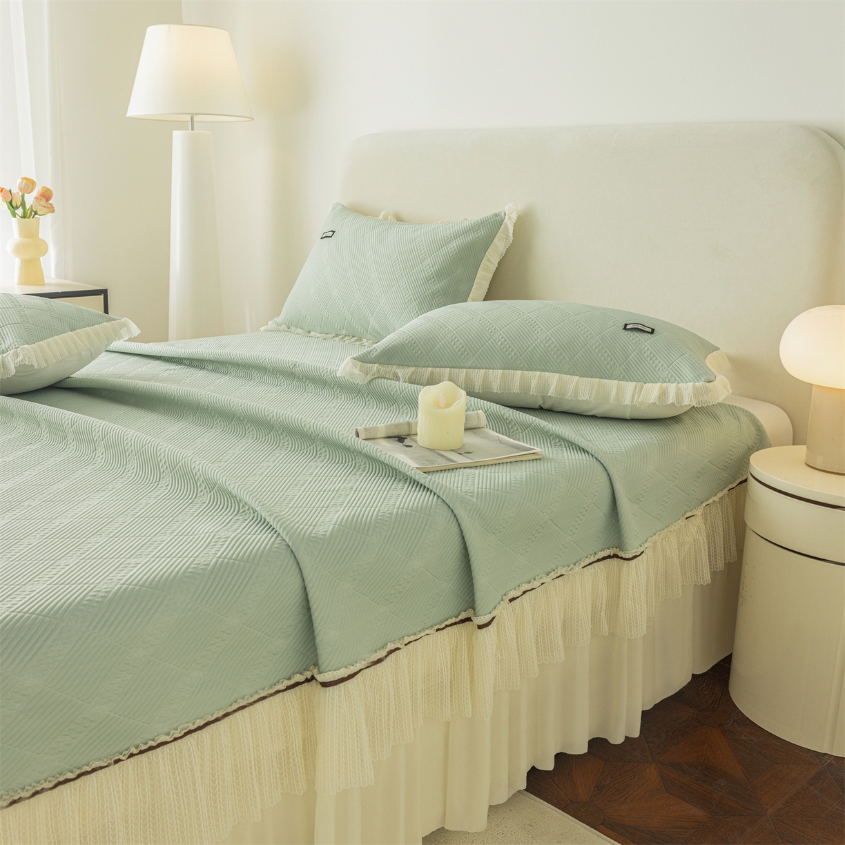 91家纺网 家纺一手货源 找家纺 赛丽雅 2026春夏新款480克A类PE聚乙烯提花冰豆豆凉感床裙款凉席三件套席子空调软席 方格-绿