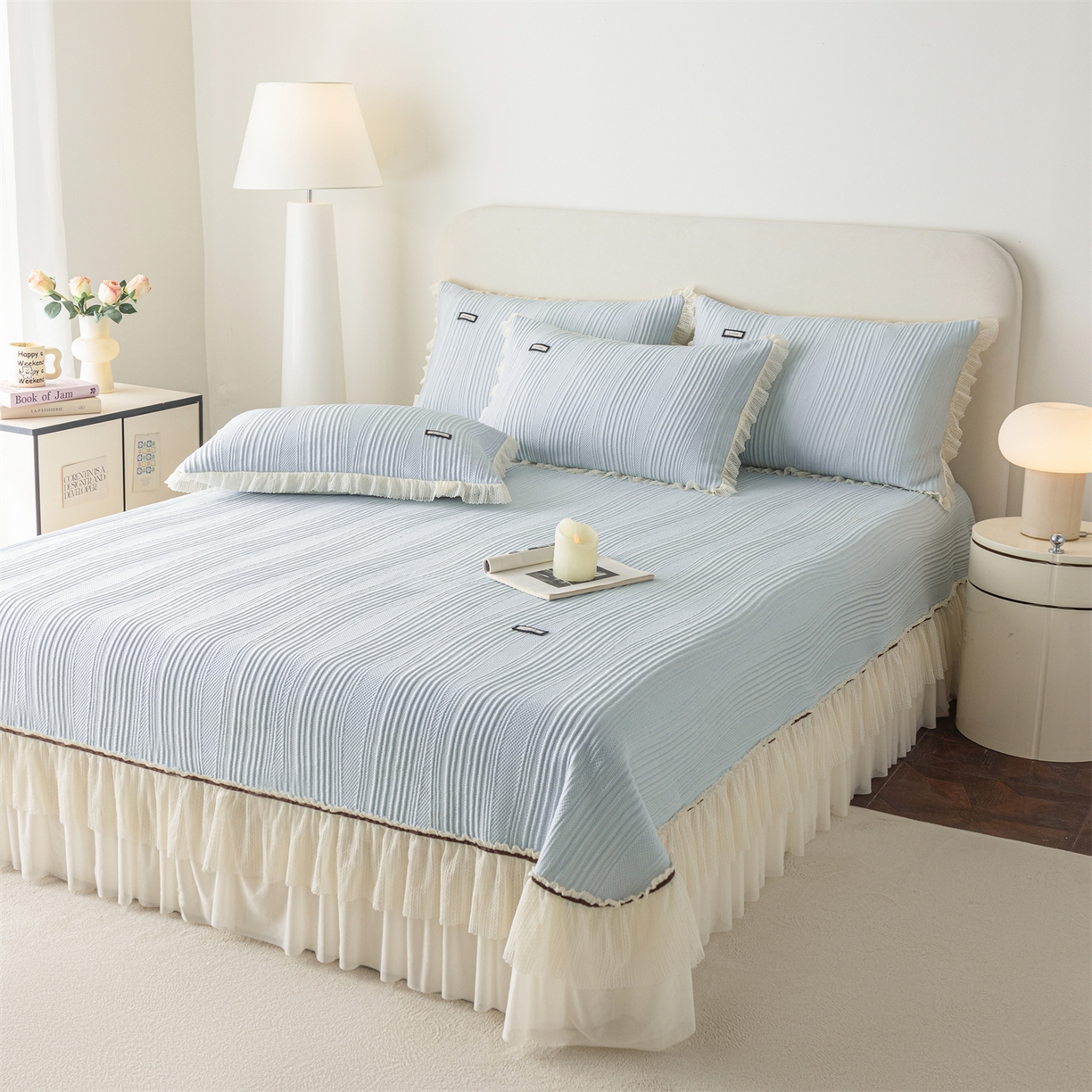 91家纺网 家纺一手货源 找家纺 赛丽雅 2026春夏新款480克A类PE聚乙烯提花冰豆豆凉感床裙款凉席三件套席子空调软席 小蛮腰-蓝