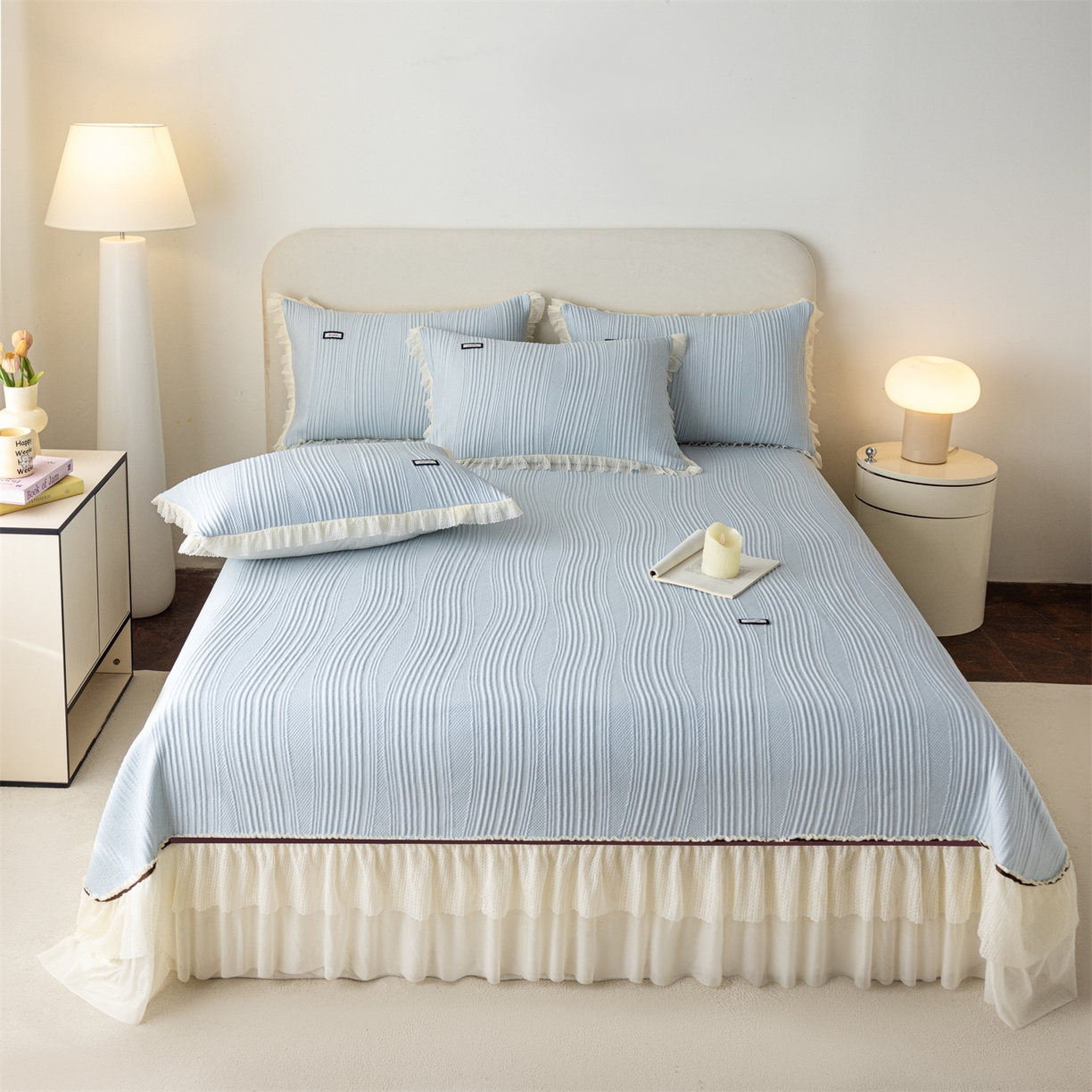 赛丽雅 2026春夏新款480克A类PE聚乙烯提花冰豆豆凉感床裙款凉席三件套席子空调软席 小蛮腰-蓝