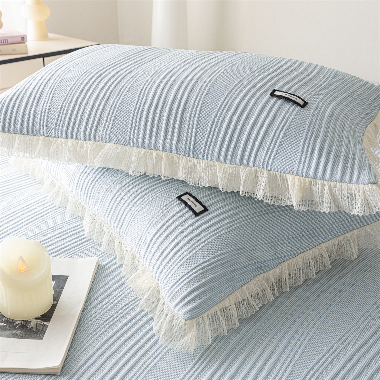 91家纺网 家纺一手货源 找家纺 赛丽雅 2026春夏新款480克A类PE聚乙烯提花冰豆豆凉感床裙款凉席三件套席子空调软席 小蛮腰-蓝