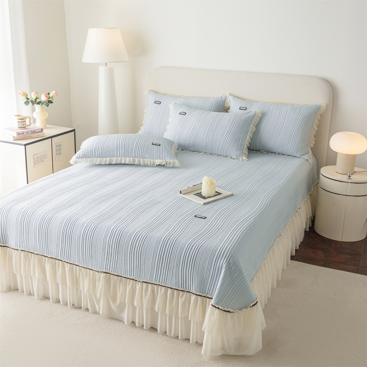 91家纺网 家纺一手货源 找家纺 赛丽雅 2026春夏新款480克A类PE聚乙烯提花冰豆豆凉感床裙款凉席三件套席子空调软席 小蛮腰-蓝