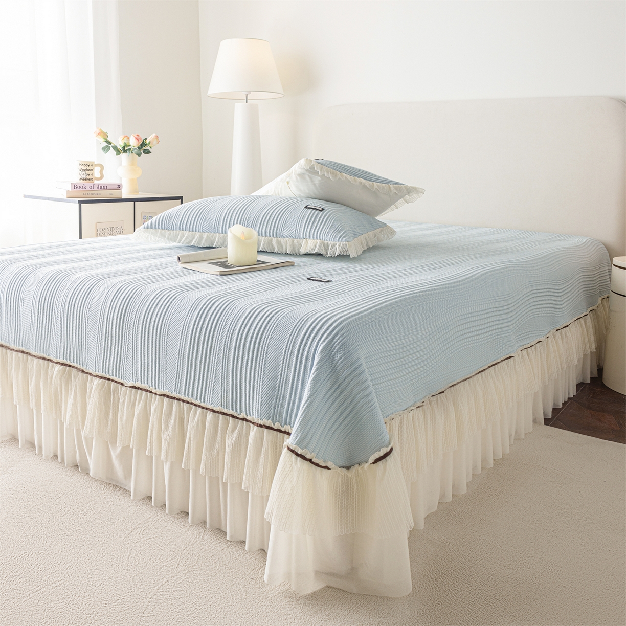 91家纺网 家纺一手货源 找家纺 赛丽雅 2026春夏新款480克A类PE聚乙烯提花冰豆豆凉感床裙款凉席三件套席子空调软席 小蛮腰-蓝