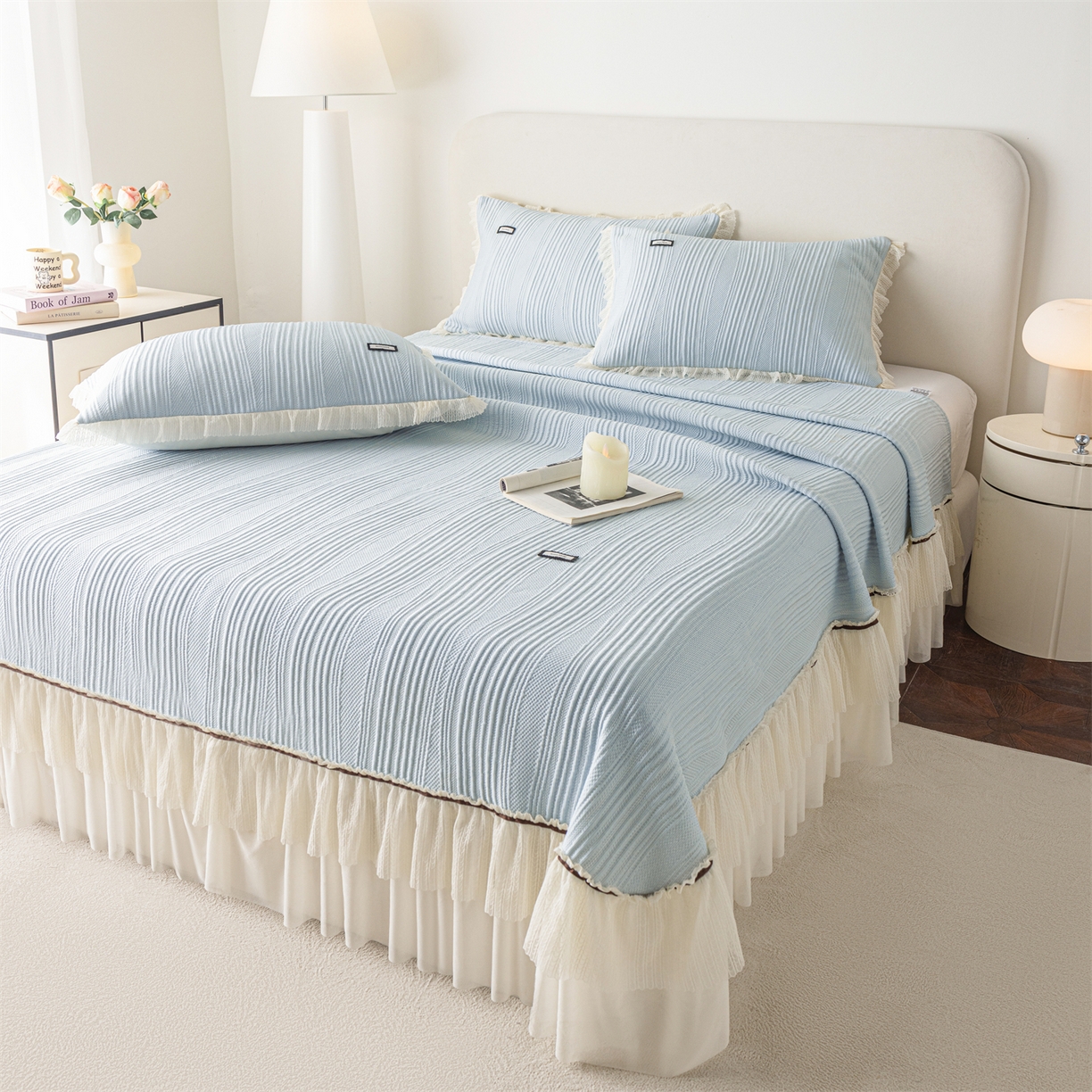 91家纺网 家纺一手货源 找家纺 赛丽雅 2026春夏新款480克A类PE聚乙烯提花冰豆豆凉感床裙款凉席三件套席子空调软席 小蛮腰-蓝