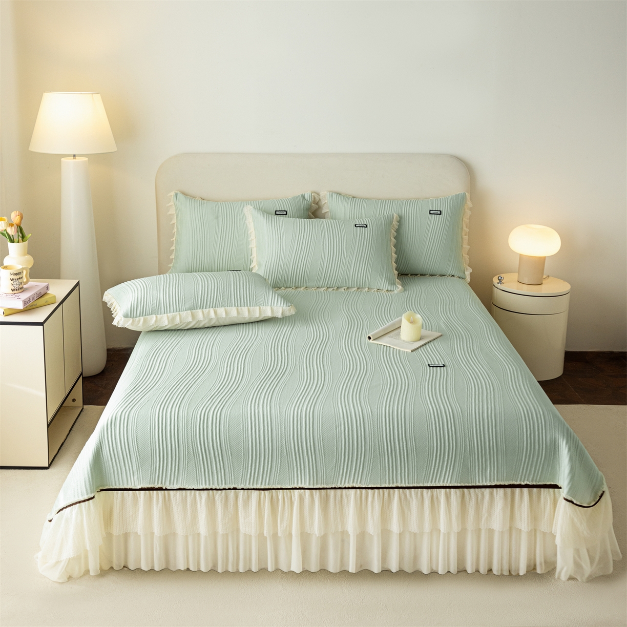 91家纺网 家纺一手货源 找家纺 赛丽雅 2026春夏新款480克A类PE聚乙烯提花冰豆豆凉感床裙款凉席三件套席子空调软席 小蛮腰-绿