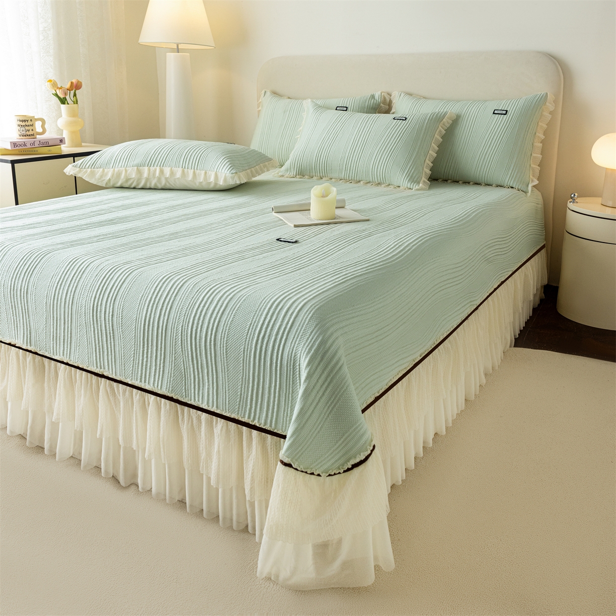 91家纺网 家纺一手货源 找家纺 赛丽雅 2026春夏新款480克A类PE聚乙烯提花冰豆豆凉感床裙款凉席三件套席子空调软席 小蛮腰-绿