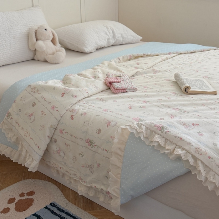 91家纺网 家纺一手货源 找家纺 暖生活 2026春夏新款全棉花边款夏被夏凉被空调被-卡通版 蕾丝兔