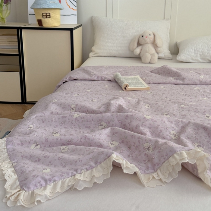 91家纺网 家纺一手货源 找家纺 暖生活 2026春夏新款全棉花边款夏被夏凉被空调被-卡通版 紫芋小兔