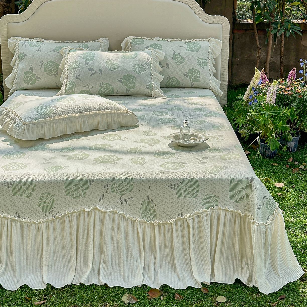 乐朵家居 2026新款 奶芙 玫瑰 弧度款 凉豆豆 凉席三件套 绿