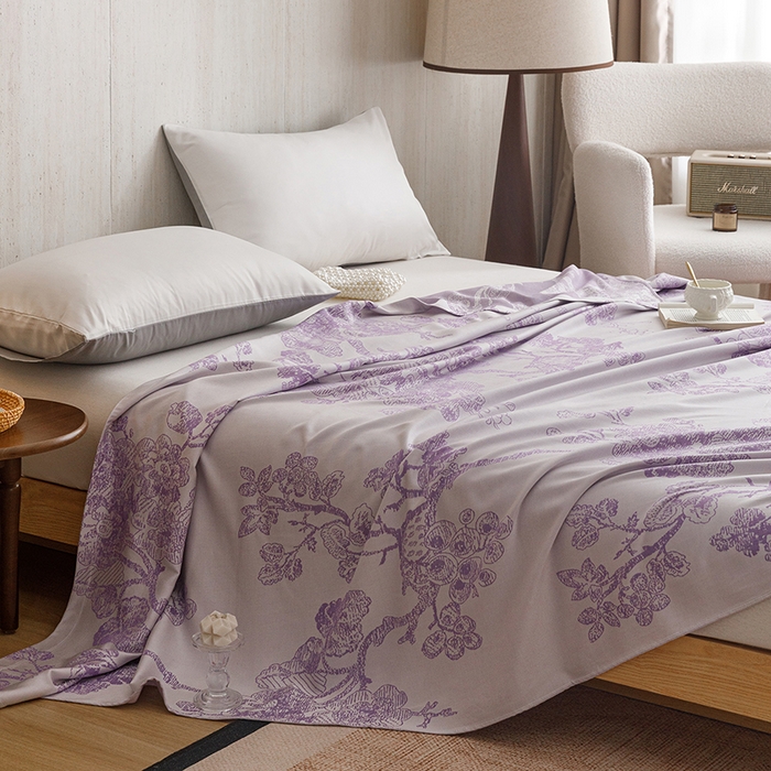 91家纺网 家纺一手货源 找家纺 悦然毛巾被 2026新款竹纤维冷感毯盖毯再生素纤维休闲夏被毛巾被夏凉被空调被 浪漫花开紫