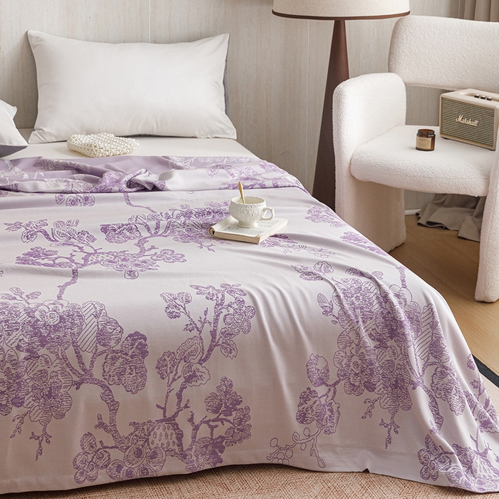 91家纺网 家纺一手货源 找家纺 悦然毛巾被 2026新款竹纤维冷感毯盖毯再生素纤维休闲夏被毛巾被夏凉被空调被 浪漫花开紫