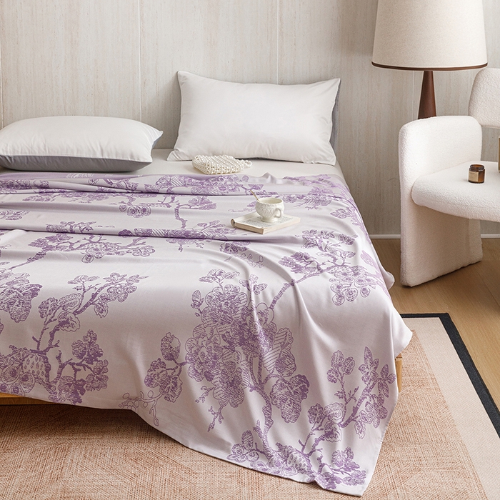 91家纺网 家纺一手货源 找家纺 悦然毛巾被 2026新款竹纤维冷感毯盖毯再生素纤维休闲夏被毛巾被夏凉被空调被 浪漫花开紫