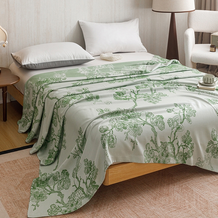 91家纺网 家纺一手货源 找家纺 悦然毛巾被 2026新款竹纤维冷感毯盖毯再生素纤维休闲夏被毛巾被夏凉被空调被 浪缦花开绿