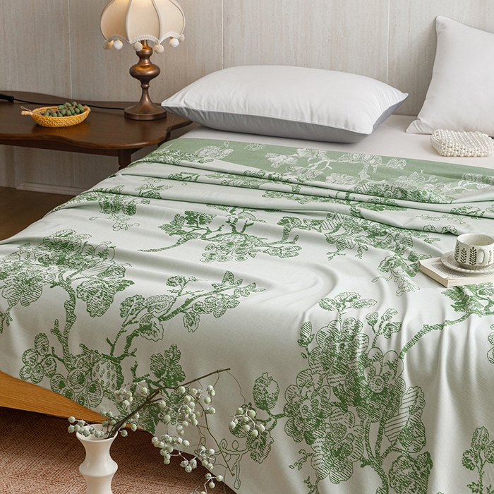 91家纺网 家纺一手货源 找家纺 悦然毛巾被 2026新款竹纤维冷感毯盖毯再生素纤维休闲夏被毛巾被夏凉被空调被 浪缦花开绿