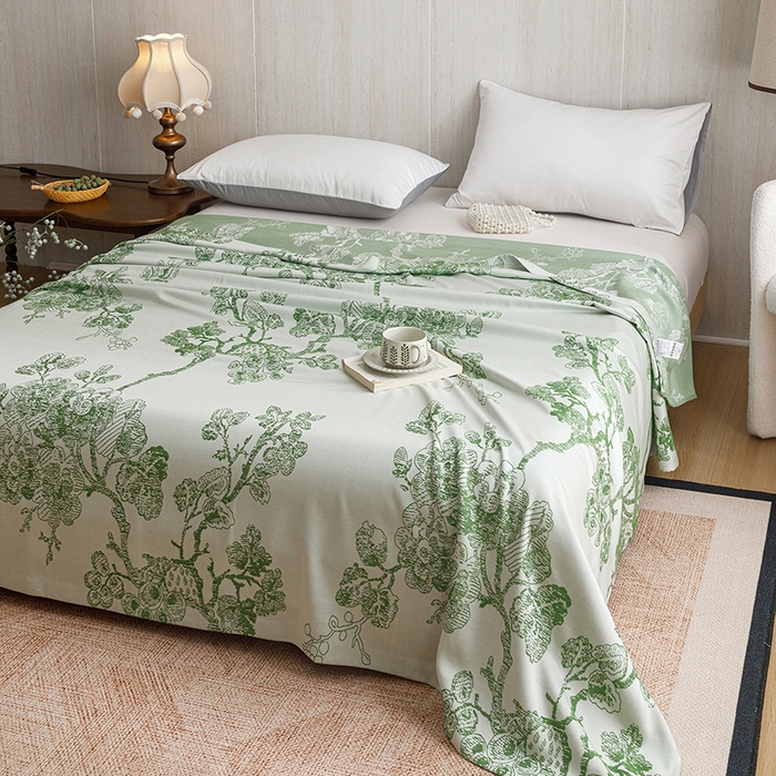 91家纺网 家纺一手货源 找家纺 悦然毛巾被 2026新款竹纤维冷感毯盖毯再生素纤维休闲夏被毛巾被夏凉被空调被 浪缦花开绿