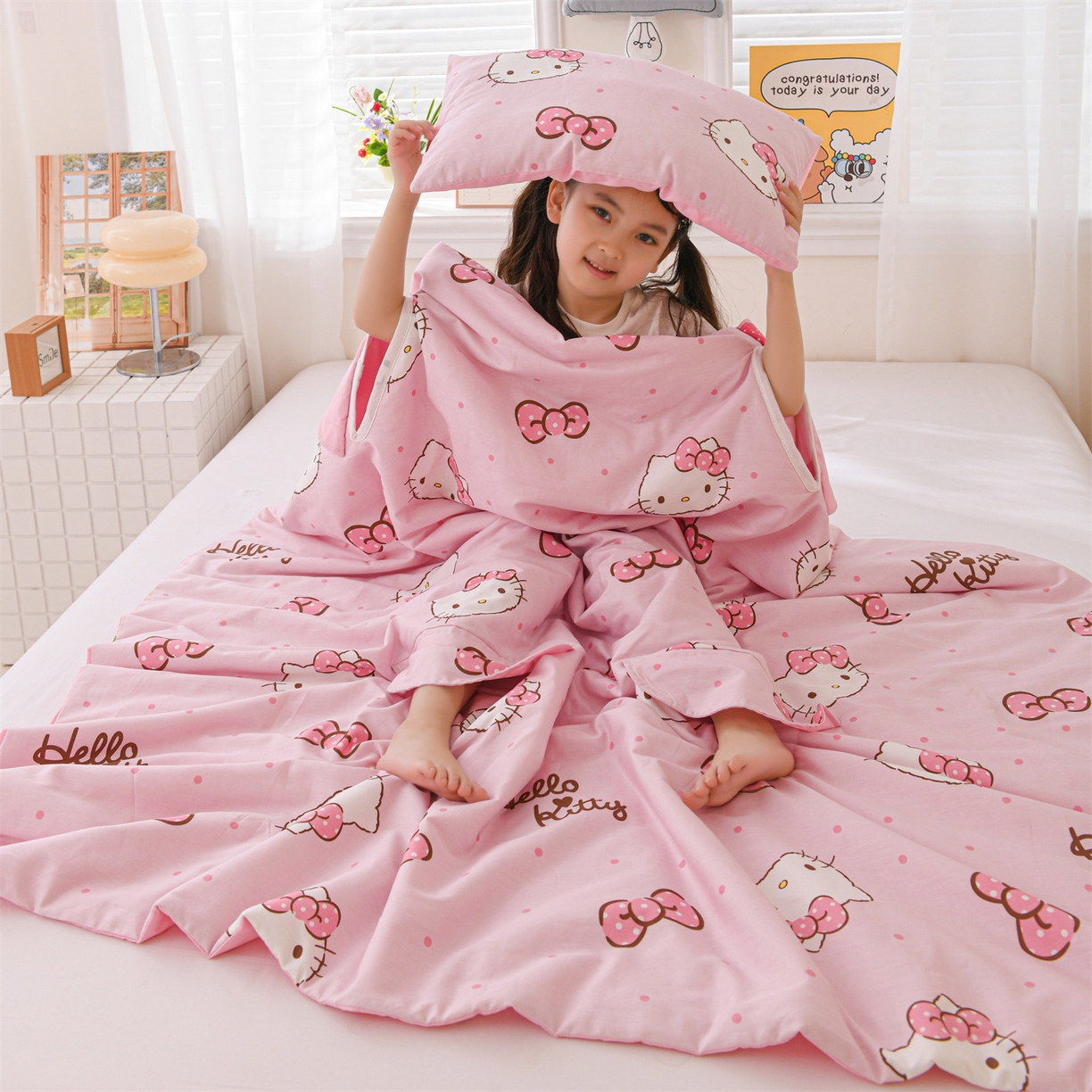 91家纺网 家纺一手货源 找家纺 名兮家居 2026新款经典奥特曼三丽鸥A类全棉纯棉儿童睡袋护肚防踢被 防踢被-呆萌kt