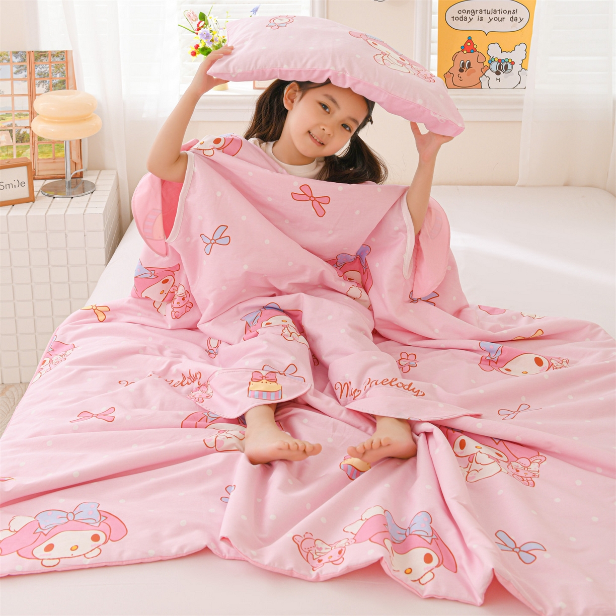 91家纺网 家纺一手货源 找家纺 名兮家居 2026新款经典奥特曼三丽鸥A类全棉纯棉儿童睡袋护肚防踢被 防踢被-魔法美乐蒂