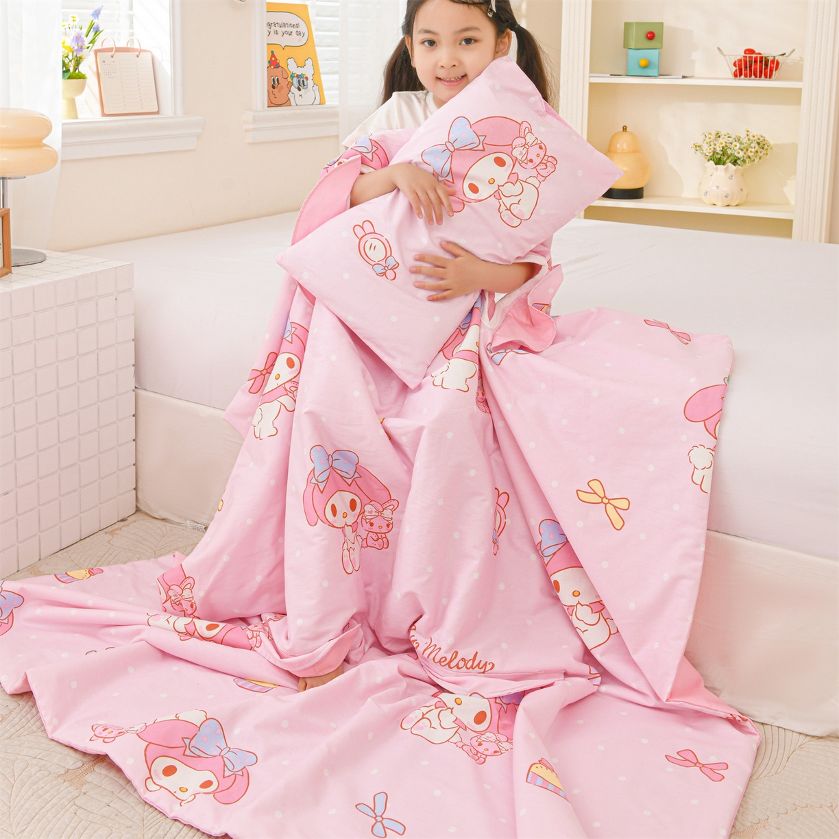 91家纺网 家纺一手货源 找家纺 名兮家居 2026新款经典奥特曼三丽鸥A类全棉纯棉儿童睡袋护肚防踢被 防踢被-魔法美乐蒂