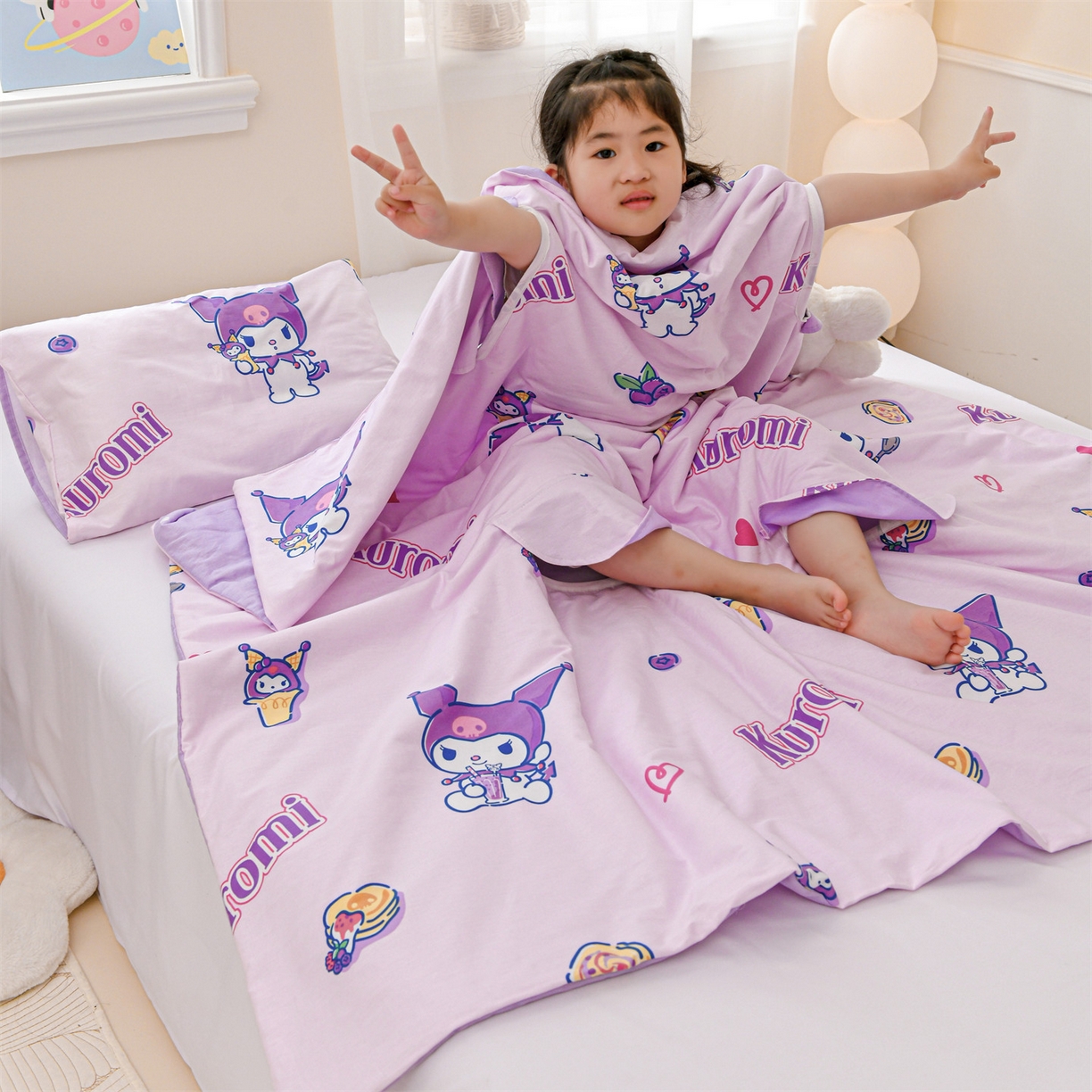 91家纺网 家纺一手货源 找家纺 名兮家居 2026新款经典奥特曼三丽鸥A类全棉纯棉儿童睡袋护肚防踢被 防踢被-甜筒库洛米