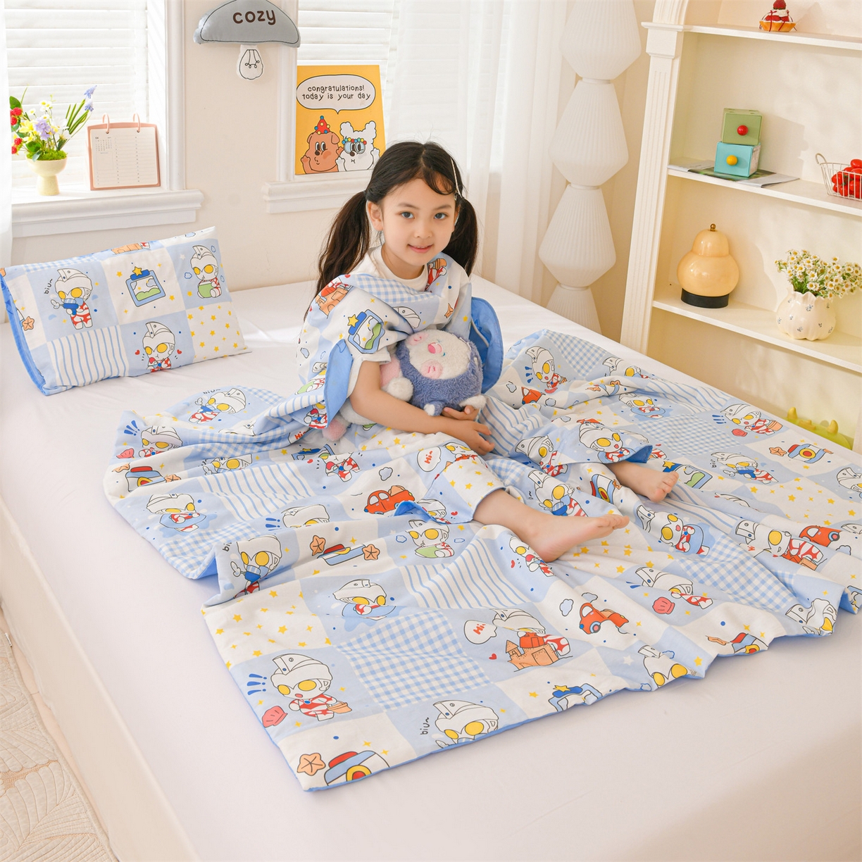 91家纺网 家纺一手货源 找家纺 名兮家居 2026新款经典奥特曼三丽鸥A类全棉纯棉儿童睡袋护肚防踢被 防踢被-小小艾斯