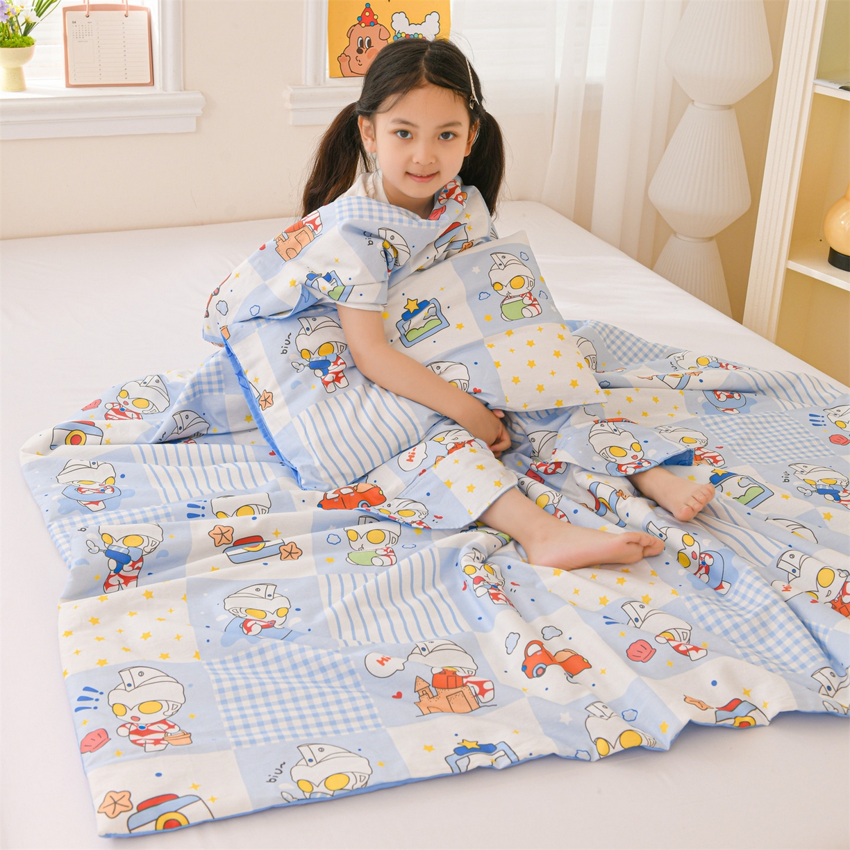 91家纺网 家纺一手货源 找家纺 名兮家居 2026新款经典奥特曼三丽鸥A类全棉纯棉儿童睡袋护肚防踢被 防踢被-小小艾斯