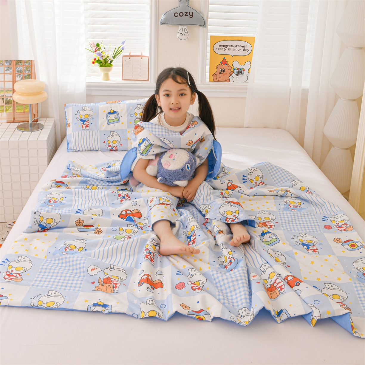 91家纺网 家纺一手货源 找家纺 名兮家居 2026新款经典奥特曼三丽鸥A类全棉纯棉儿童睡袋护肚防踢被 防踢被-小小艾斯