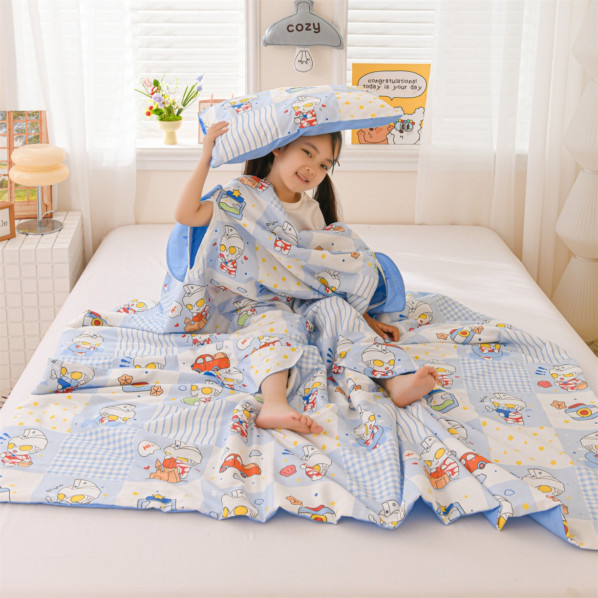 91家纺网 家纺一手货源 找家纺 名兮家居 2026新款经典奥特曼三丽鸥A类全棉纯棉儿童睡袋护肚防踢被 防踢被-小小艾斯