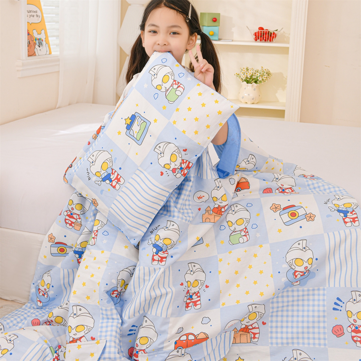 91家纺网 家纺一手货源 找家纺 名兮家居 2026新款经典奥特曼三丽鸥A类全棉纯棉儿童睡袋护肚防踢被 防踢被-小小艾斯