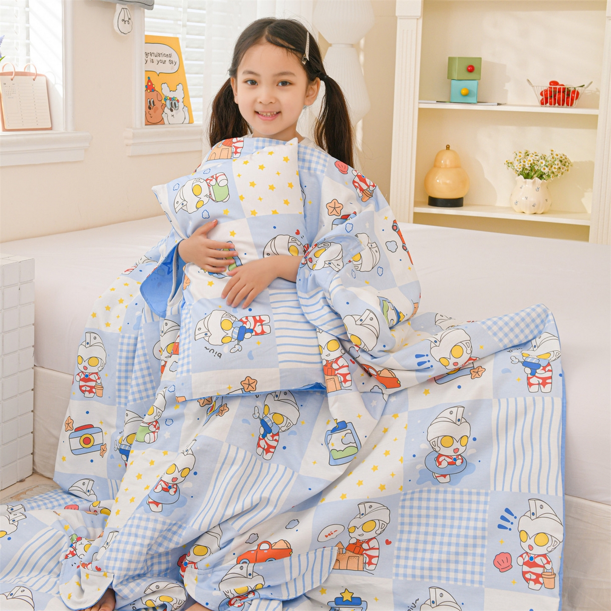 91家纺网 家纺一手货源 找家纺 名兮家居 2026新款经典奥特曼三丽鸥A类全棉纯棉儿童睡袋护肚防踢被 防踢被-小小艾斯