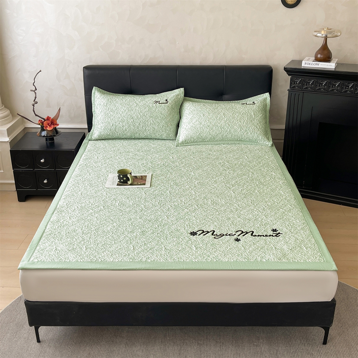 91家纺网 家纺一手货源 找家纺 慕木家纺 2026新款巴洛克刺绣系列冰豆豆凉席和床笠凉席席子空调软席 巴洛克-绿 床席款