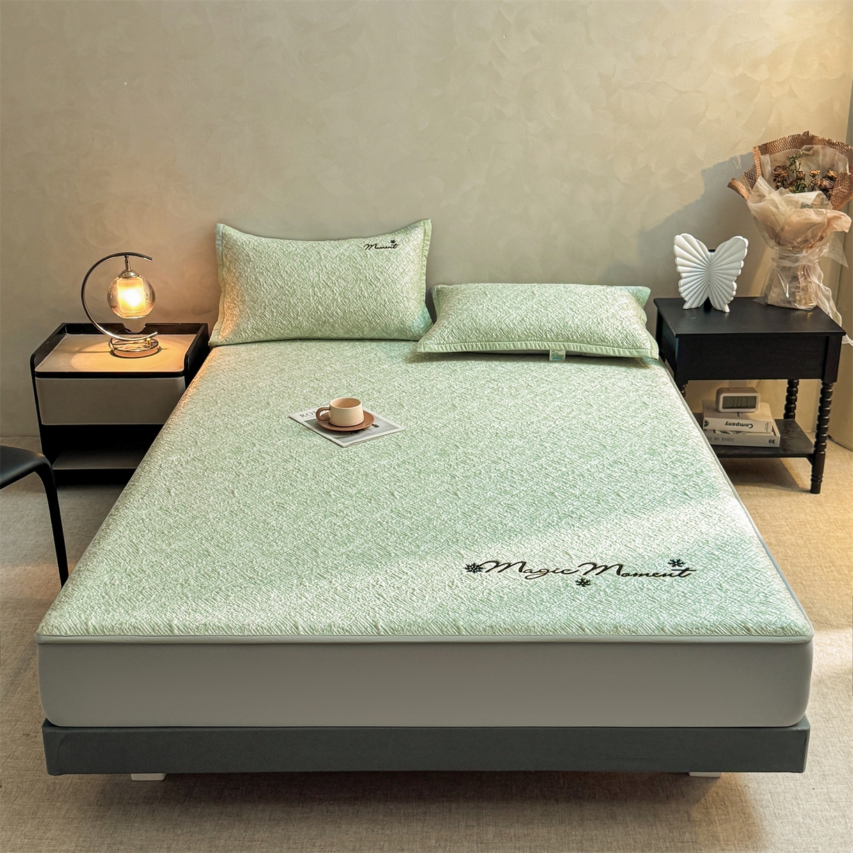 91家纺网 家纺一手货源 找家纺 慕木家纺 2026新款巴洛克刺绣系列冰豆豆凉席和床笠凉席席子空调软席 巴洛克-绿 床笠款