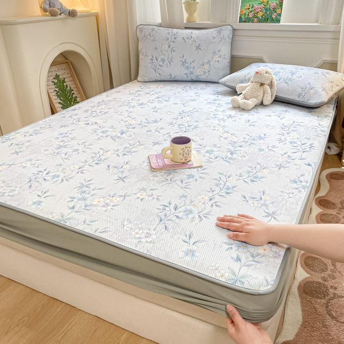 91家纺网 家纺一手货源 找家纺 女子家纺 2026新款斜纹凉感豆豆床笠款 床笠-蓝雾花枝