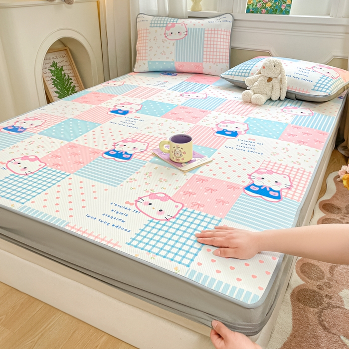 91家纺网 家纺一手货源 找家纺 女子家纺 2026新款斜纹凉感豆豆床笠款 床笠-粉蓝萌猫