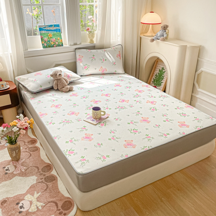 91家纺网 家纺一手货源 找家纺 女子家纺 2026新款斜纹凉感豆豆床笠款 床笠-粉花软熊