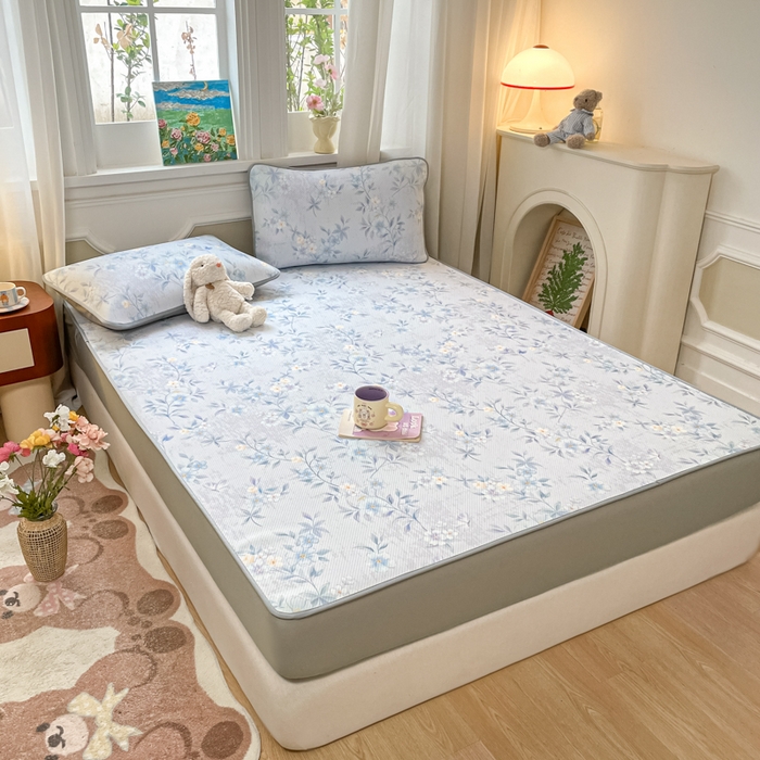 91家纺网 家纺一手货源 找家纺 女子家纺 2026新款斜纹凉感豆豆床笠款 床笠-蓝雾花枝